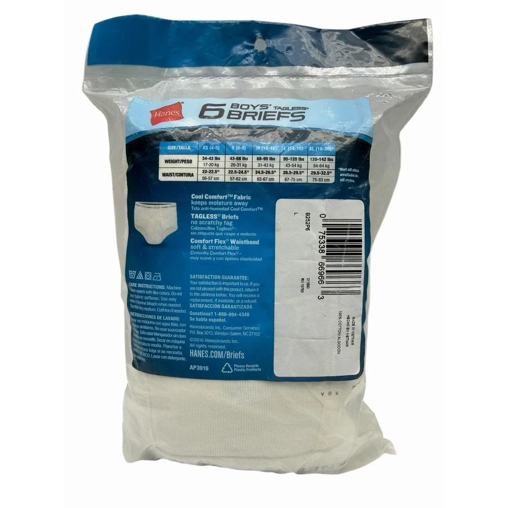 Hanes 6‎ Pack Tagless White Boys Briefs Underwear Size L Large (14-16) NIP